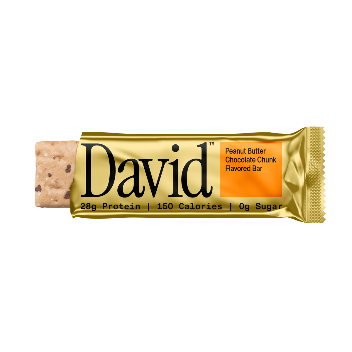 David Peanut Butter Chocolate Chunk flavored protein bar on a black background